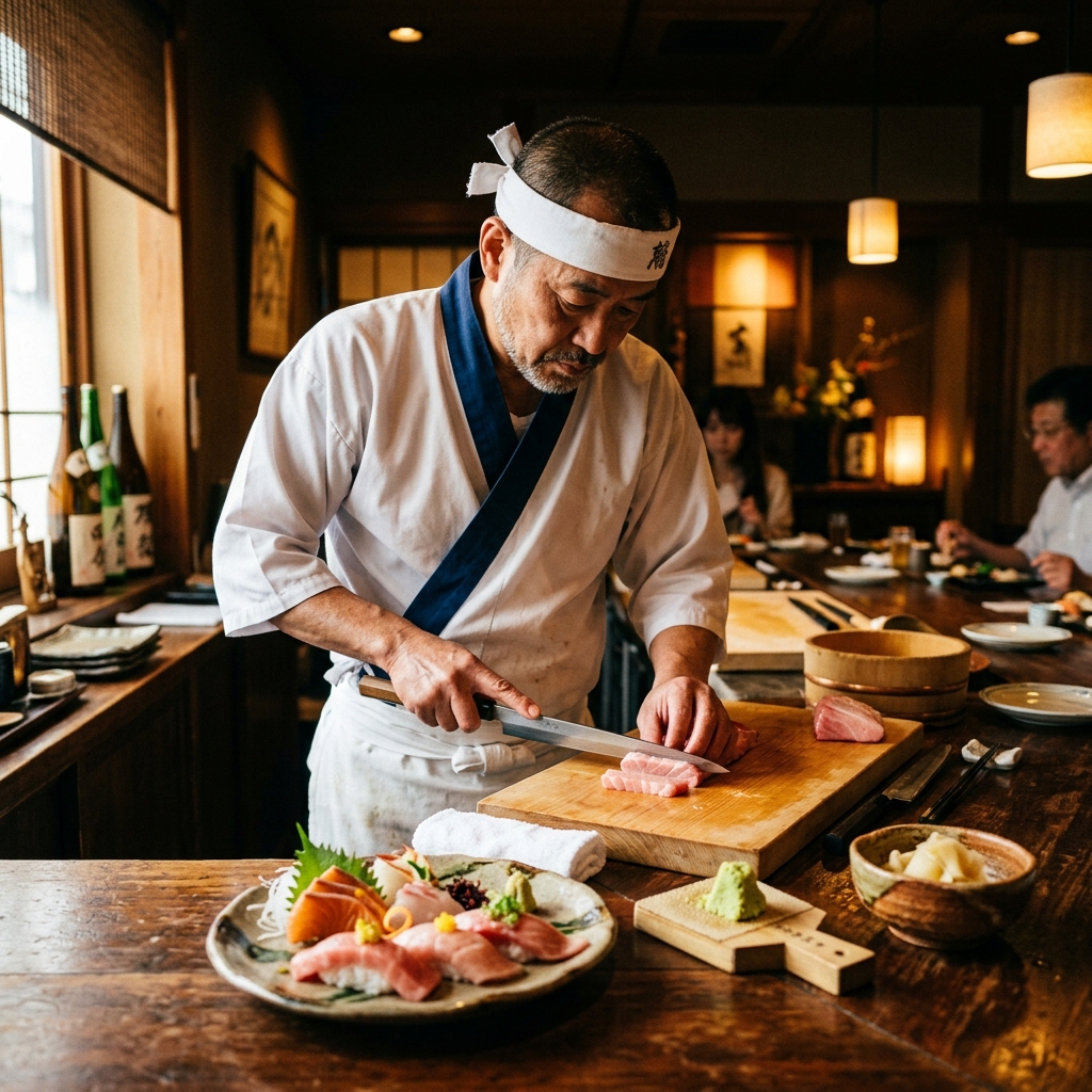Head chef Hiroshi Tanaka carefully preparing sushi at the counter